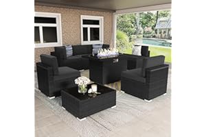 Vakollia 8 Pieces Patio Furniture Set with 44" Propane Gas Fire Pit Table, Outdoor Sectional Wicker Conversation Sofa Sets with Coffee Table