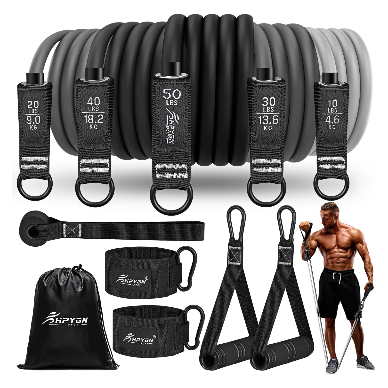 HPYGN Fitness Bands Resistance Bands Set, 150 lb Resistance Bands with Door Anchor, Handles, Ankle Strap, 5 Resistance Levels, Portable, Ideal for Dumbbells, Strength Training, Physiotherapy for Men