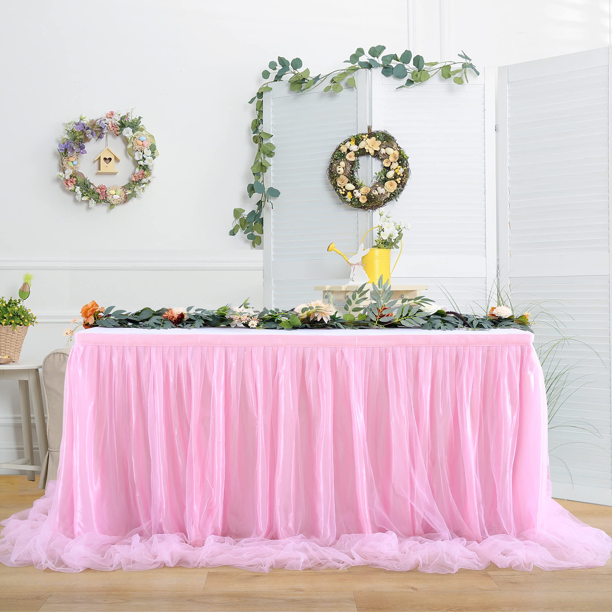 HBBMAGIC Tulle Table Skirt with Long Mesh Tutu Table Skirting for Rectangle or Round Table for Baby Shower Wedding and Birthday Party Decoration (Pink/Without light, L 9(ft)*H 30in)