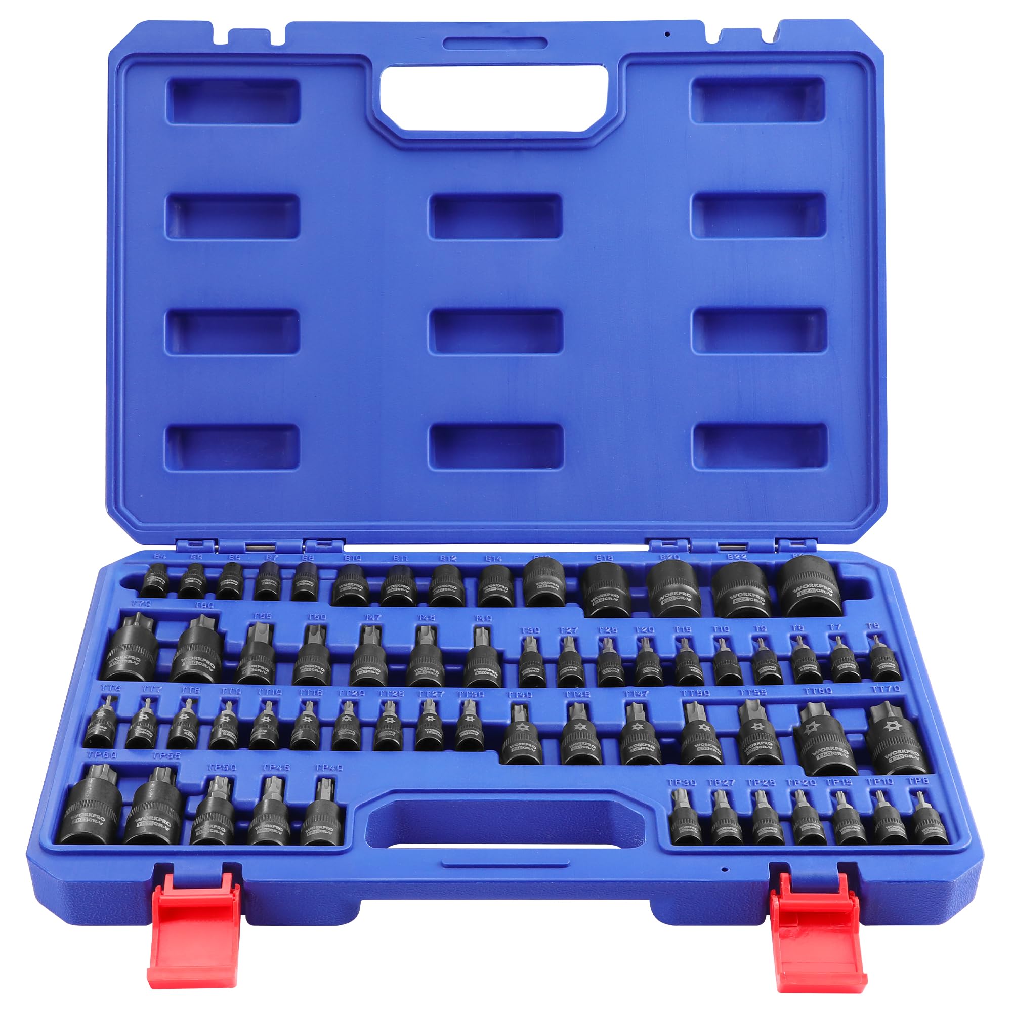 WORKPRO 60-Piece Master Torx Bit Socket Set, 1/4", 3/8", 1/2" Drive Bits, E4-E24, T6-T70, TT6-TT70, TP8-TP60, with Enhanced Storage Case