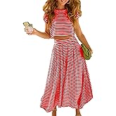 Zontroldy Women's Summer 2 Piece Outfits Striped Skirt Sets Cap Sleeve Crop Top Midi Dress Matching Travel Outfits