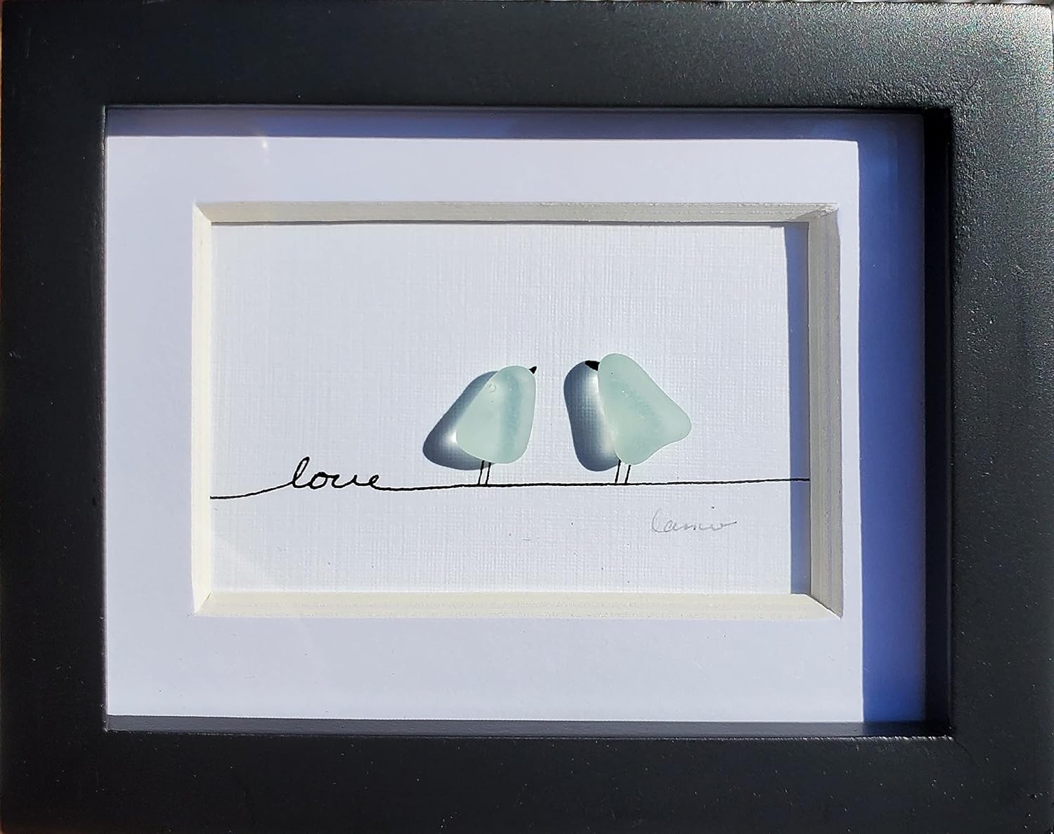 Mixed Media - Seaglass love birds, Handmade in Maine, Mini Desk Art. 3.5x4 inches, naturally tumbled Sea Glass in a small frame with glass, love birds. Made In Maine