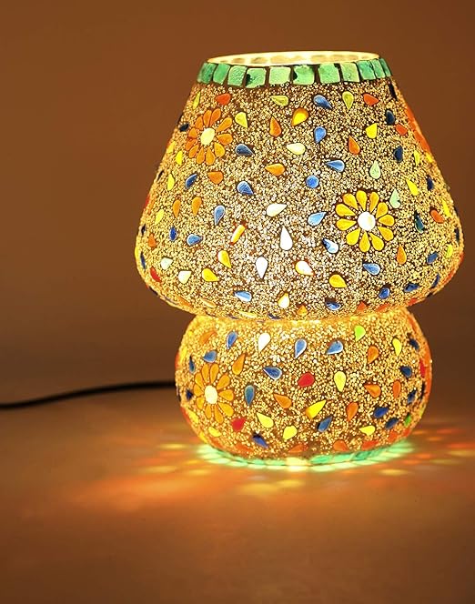 Derien Mushroom Shaped Mosaic Style Glass Antique Night Lamp (DE031, Multicolour, 16.25 x 16.25 x 20cm)