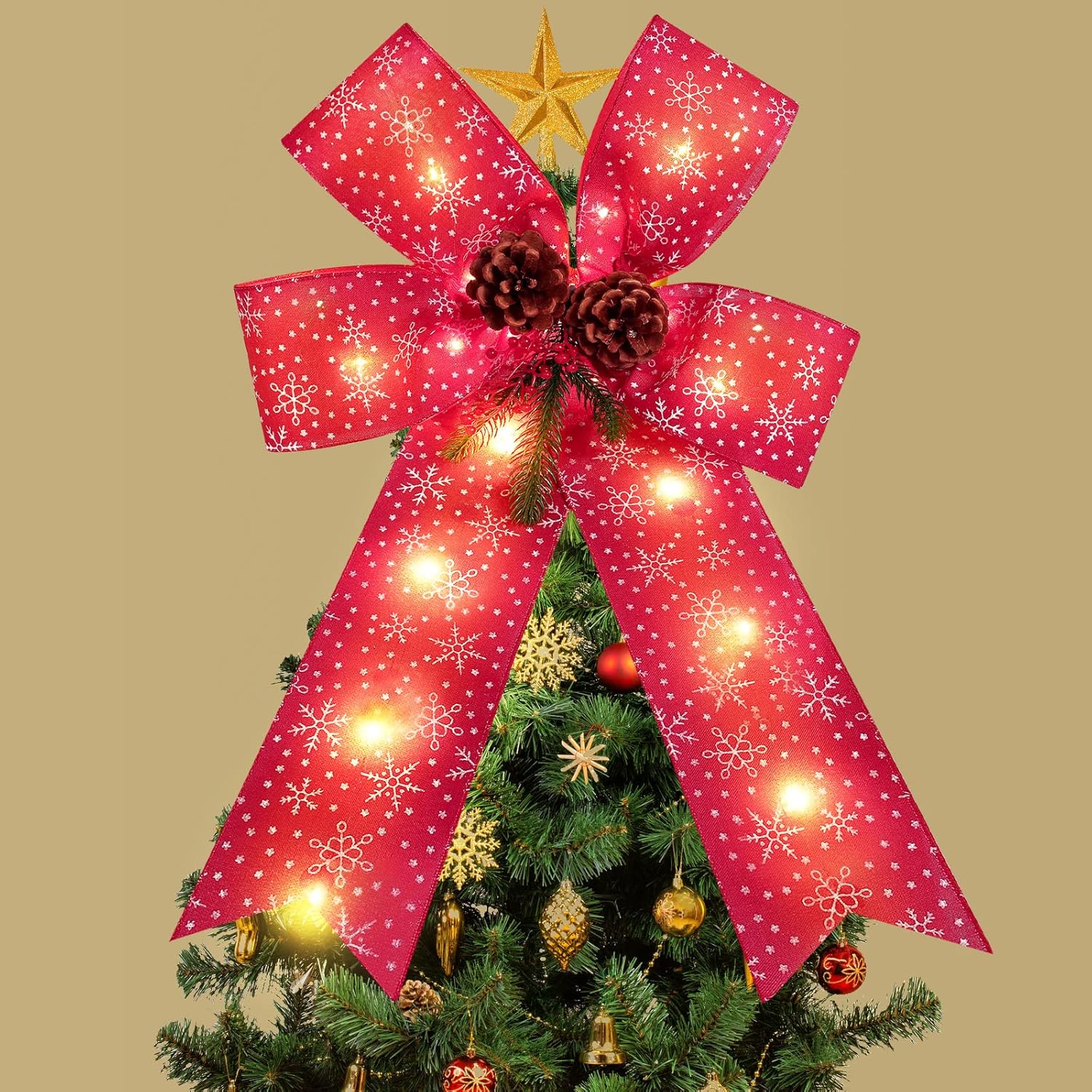 Bows & Ribbons - Christmas LED Wreath Bow Outdoor Decorations, 23 x 16 Inch Big Xmas Wreath Bow with Light Christmas Tree Topper Christmas Wall Door Front Outdoor Tree Decoration (1 Pcs)