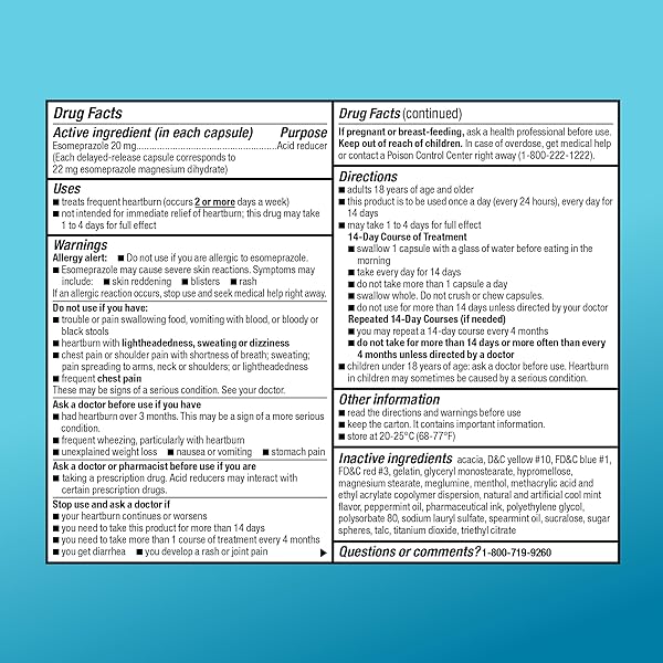 AMAZON BASIC CARE ESOMEPRAZOLE MAGNESIUM DELAYED-RELEASE CAPSULES 20 MG, ACID REDUCER, COOL MINT, 42 COUNT (3 PACKS OF 14)