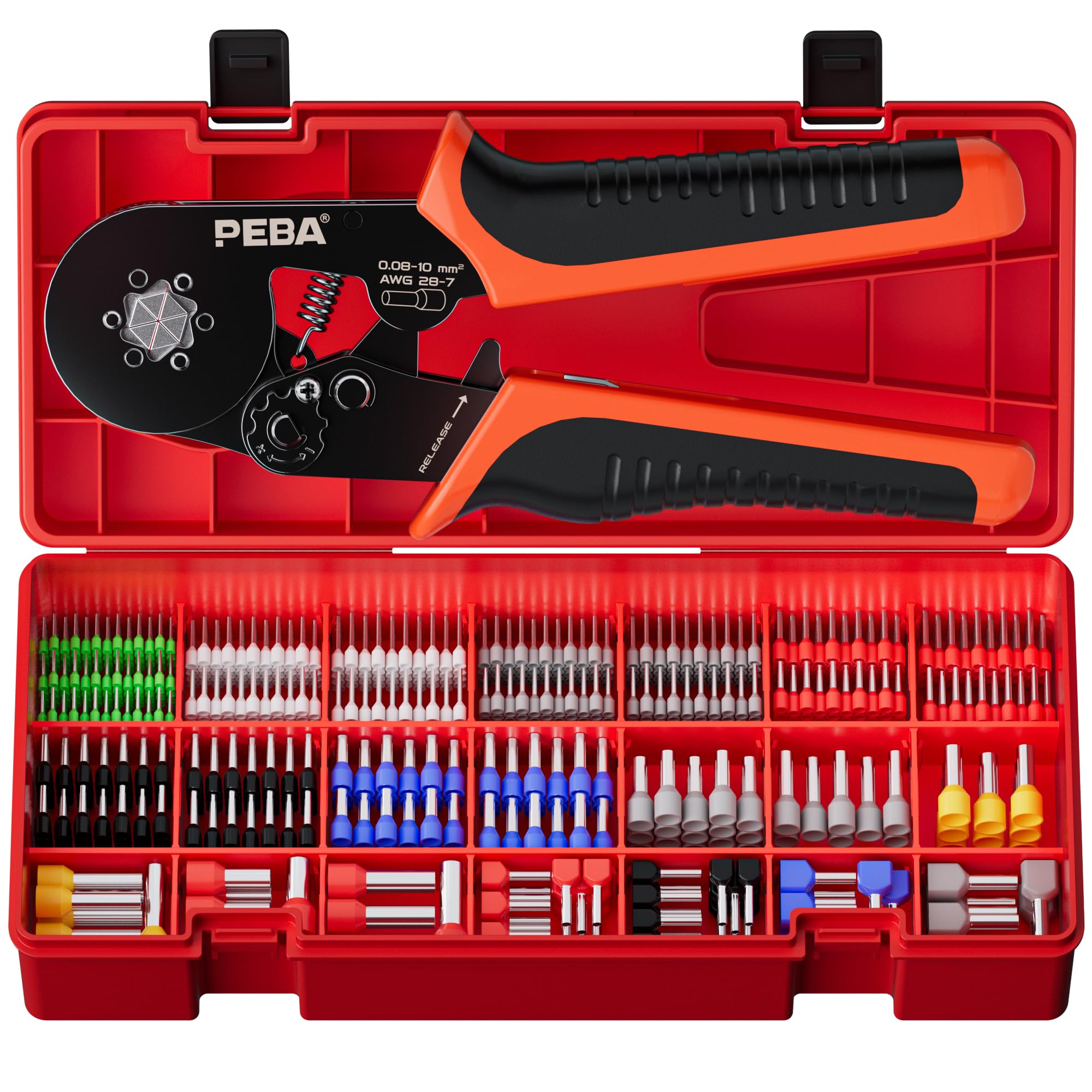 PEBA Ferrule Crimping Tool Kit, Insulated Bootlace Ferrules Set, 21 Sizes 0.25-10mm²/AWG24-10, Self-Adjusting Ratchet Hex Crimper 0.08-10mm², Twin Wire Terminal Crimp Tool