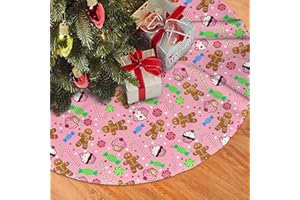 HARYCNCT Cute Gingerbread Candy Christmas Tree Skirt 36 Inches Pink Santa Tree Skirts Farmhouse Xmas Tree Mat Ornaments Decorations