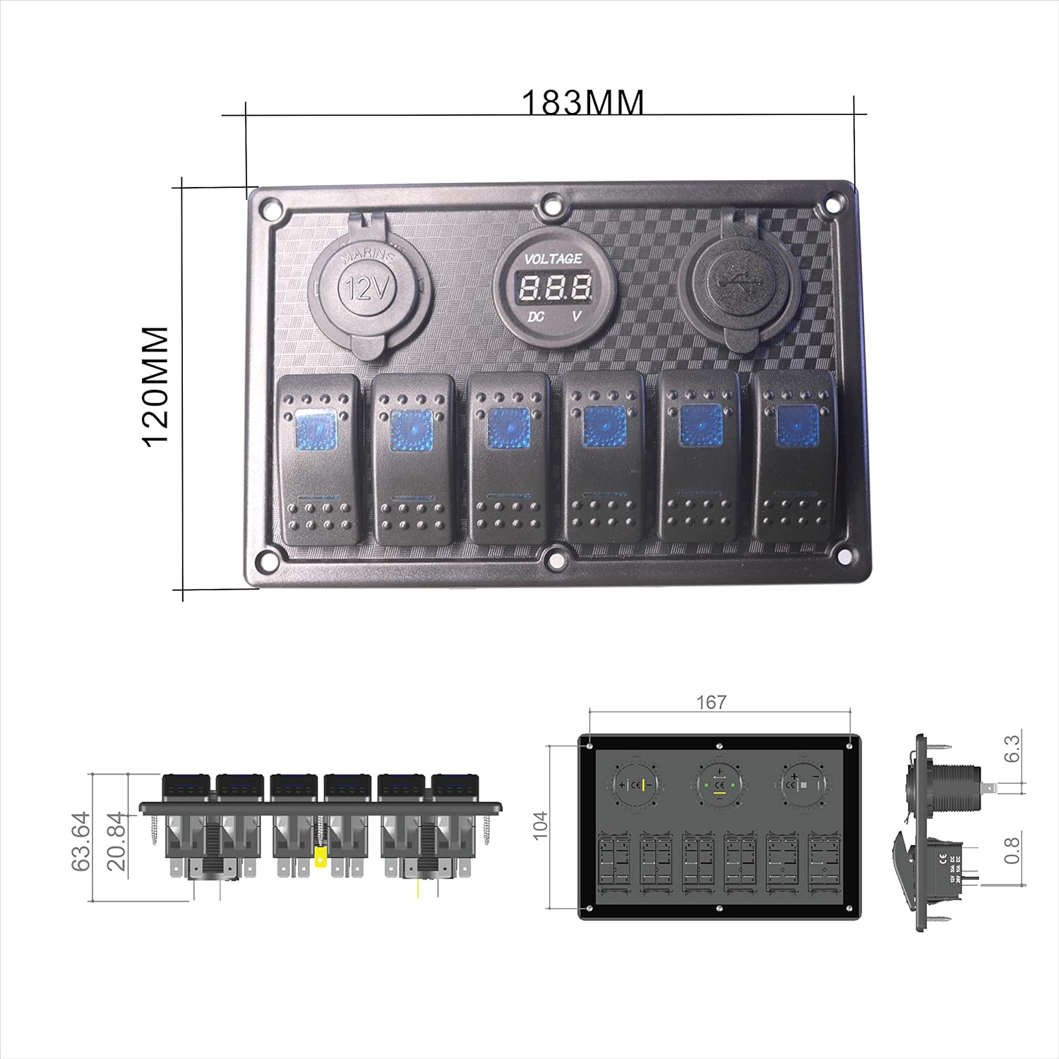 JOYHO 6 Gang Rocker Switch Panel Fuse Panel Waterproof, Digital Voltmeter Display, Dual USB Charger Port DC 12V Power Socket, 12/24V Breaker Switch for RV Marine Car Vehicles Truck Boat, Blue Light : Sports & Outdoors