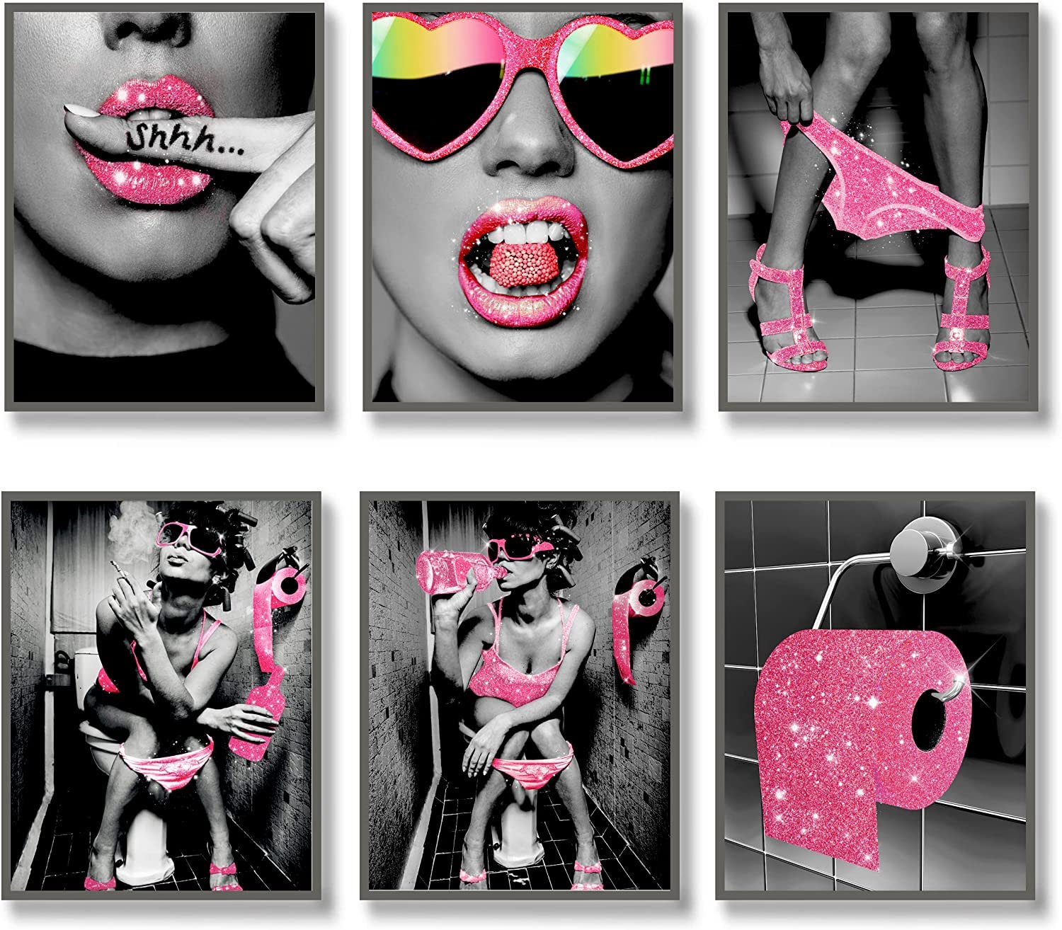 MKHFUW Modern Women's Bathroom Poster, Fashionable Bathroom Wall Decoration 6-Piece Set, Bathroom Art, Frameless (Rose Red-2.30 x 40 cm x 6)