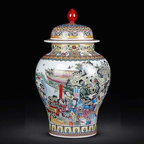 Amazon 古典的な中国塗装セラミック花瓶 古典的なキャラクター の風景絵画スタイル ホームベッドルームのオフィスの結婚式の装飾と贈り物のためのアンティーク中国の花瓶寺院jar C H63xw35cm 花器 インテリアボウル オンライン通販