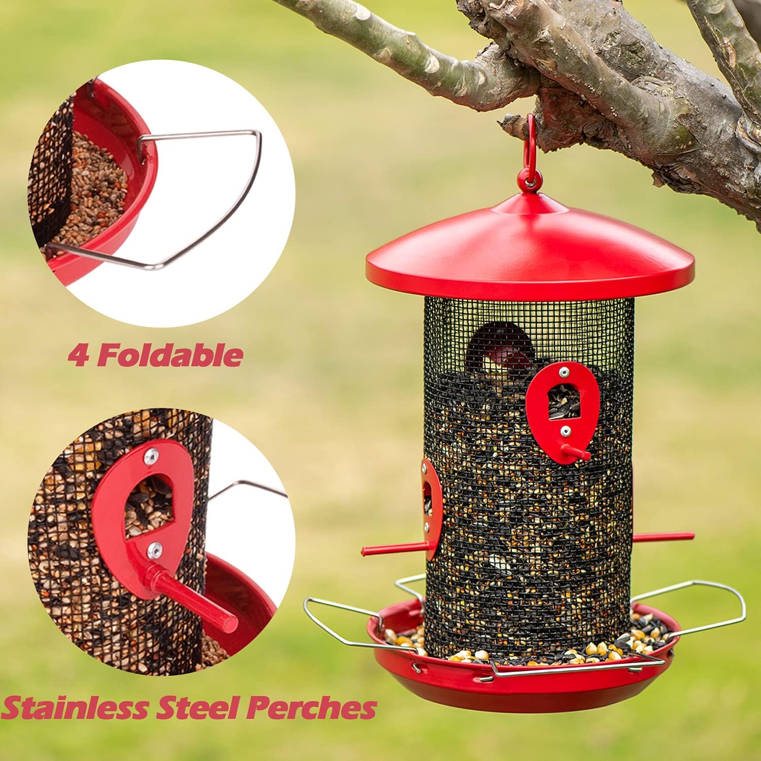 Birdream Bird Feeder for Outside Hanging Metal Mesh Wild Bird Feeders Heavy Duty Large Red Birdfeeder with 4 Feeding Ports Holds More Bird Seed Capacity Decoration for Garden Yard Attracting Birds : Garden & Outdoor