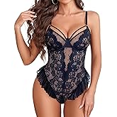 Avidlove Lingerie for Women Floral Lace Bodysuit Sexy Teddy Ruffle One Piece Wireless Babydoll