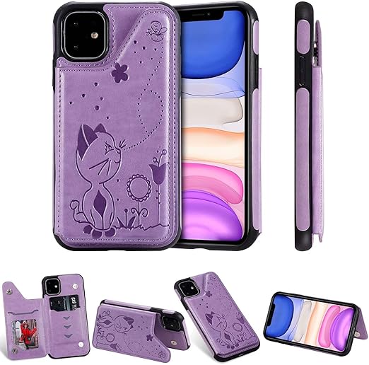 Amazon Com Yikatu Iphone 11 Wallet Case For Women Iphone 11 Case With Card Holder Cute Aesthetic Retro Embossed Cat Magnetic Clasp Purse Anti Crack Casewith Credit Card Slots Stand For Girls Purple