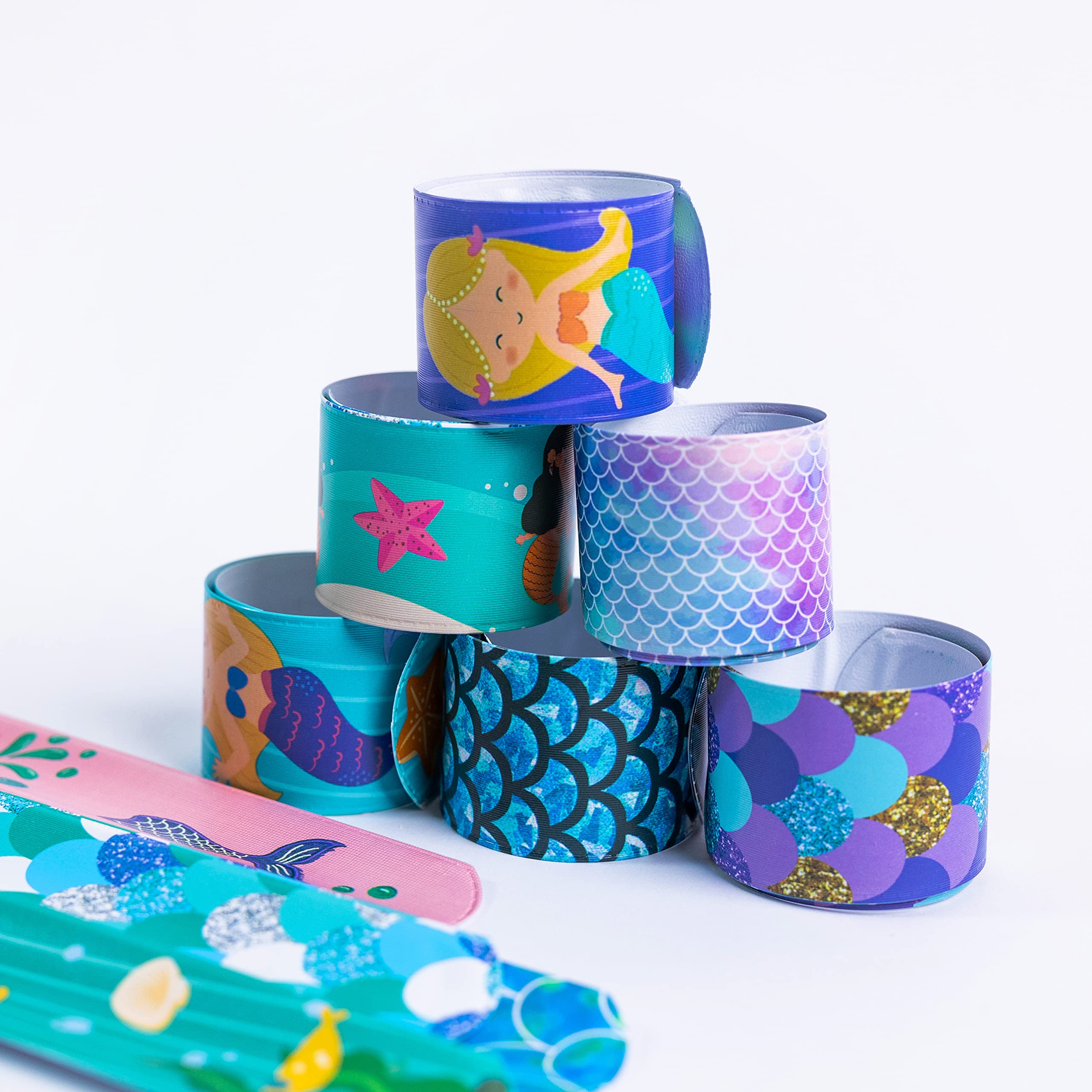 Toyseum 30 x Mermaid Slap Bands, Fillers for Girls Party Bags, Favours for Kids Under the Sea Themed Parties, Multi-Pack Snap Bands, Pack of 30