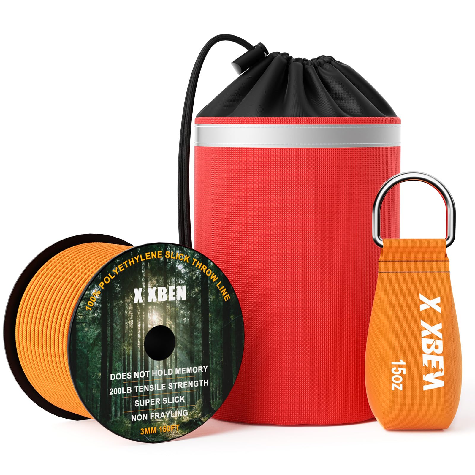 Photo 1 of XBEN Arborist Throw Line Kit with 15oz Throw Weight, 150ft 3/19" Slick Rope & Reflective Storage Bag, Polyester Coated for Tree Trimming, Camping, Forestry Gear (4"x6" Orange Bag)