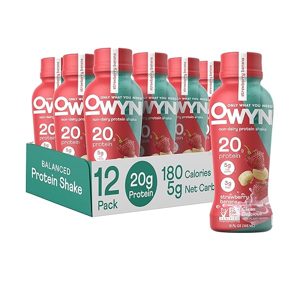 OWYN ONLY WHAT YOU NEED STRAWBERRY BANANA FLAVORED PROTEIN SHAKE LIQUID, 20G PROTEIN, 4G SUGAR, 3G FIBER, DAIRY-FREE, PLANT-BASED PROTEIN DRINK, 12 COUNT