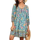 Qearal Women's Casual V Neck 3/4 Sleeve Boho Floral Printed Loose Short Flowy Summer Beach Vacation Dress