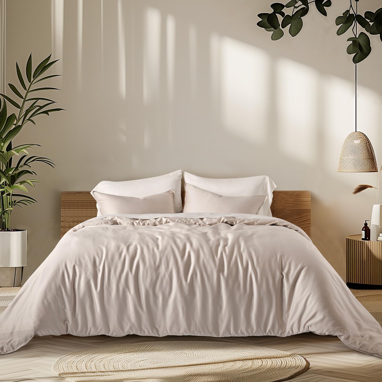 Photo 1 of EVERGRACEHOME Cotton Tencel Cooling Duvet Cover Set King Size for Hot Sleepers, Luxe Eucalyptus Lyocell Bedding Set, Soft Sateen Weave Button Closure Comforter Cover 92" x 108" w/ 2 Shams, Beige Sand