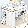 Harper & Bright Designs Full Size Loft Bed with Built-in Wardrobe, Desk, Storage Shelves and Drawers, Solid Wood Loft Bed Frame, White