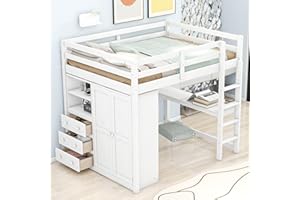 BIADNBZ Loft Bed Full Size with Desk and Built-in Wardrobe,Wooden LoftBed with Storage Drawers and Shelves for Kids/Teens/Bedroom,White