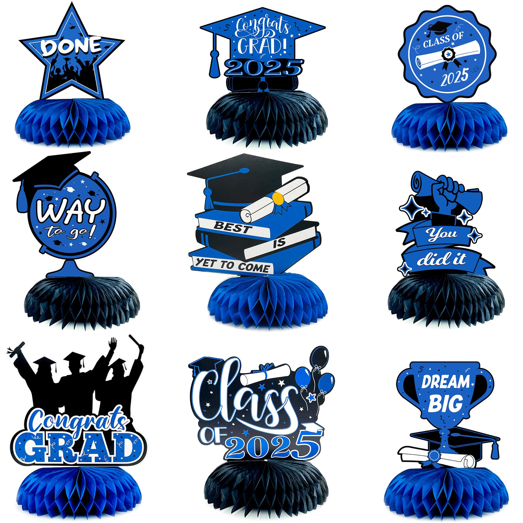 Photo 1 of 2025 Graduation Party Decorations 9Pcs, Navy Blue Graduation Honeycomb Centerpieces, Congrats Grad Table Toppers for Graduation Party, Black and Blue Class of 2025 Graduation Party Table Sign