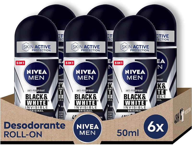 NIVEA - - Body Care - Roll-On Deodorant Black & White Invisible Original Men (6 x 50 ml) (Refurbished A+)