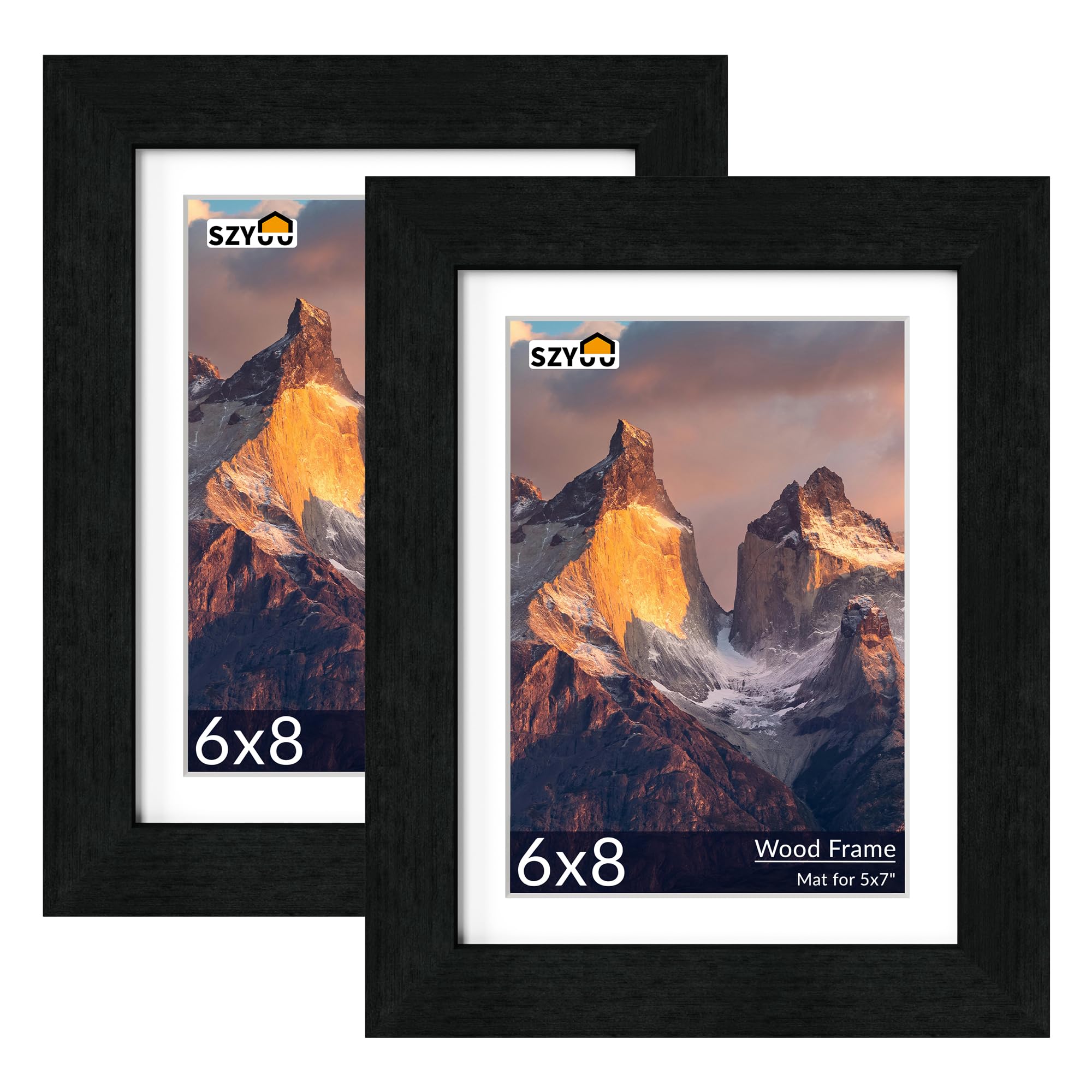 SZYUU 6x8 Picture Frame Set of 2 - Wood Frame with Real Glass, Display 5x7 with Mat or 6x8 without Mat, Photo Frame for Wall or Tabletop Display (Matte Black)