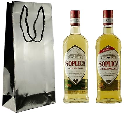 Geschenkidee Soplica Doppel-Nuss (Haselnuss/Walnuss) in schicker Lacktüte | Polnischer Haselnuss-/Walnusswodka/-likör | je 30