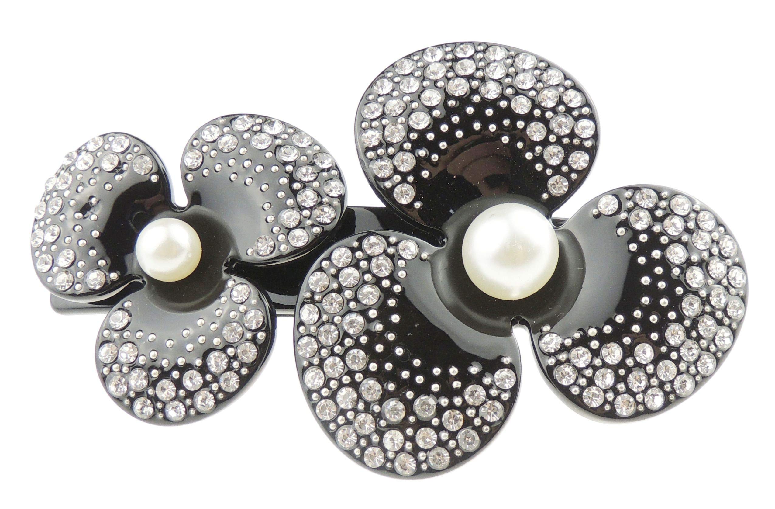 Womens Girls Large Faux Pearl Crystal Rhinestone Diamante Wedding Birthday Party Evening School Ponytail Fine Hair Accessories Barrette Hairpin Grip French Spring Clip Black Flower (Clear Crystals)
