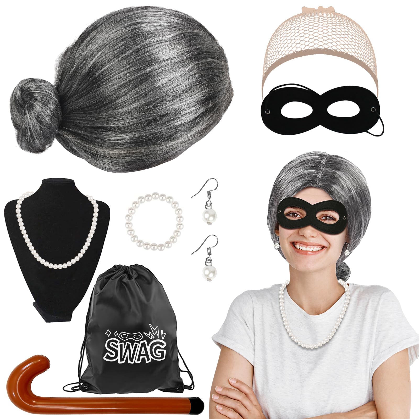 HONMOK 8Pcs Gangster Granny Wig Set Grey Old Lady Wig Burglar Grandma Fancy Dress with Mask Bag Inflatable Walking Stick Necklace Robber Costume for Carnival World Book Day Cosplay Outfit Kids Adult