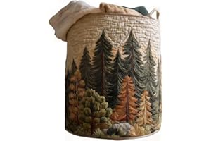 Quilted Laundry Basket Boho Fabric Floral Storage Hamper for Nursery Bedroom Laundry Room Clothes Toys (Forest)