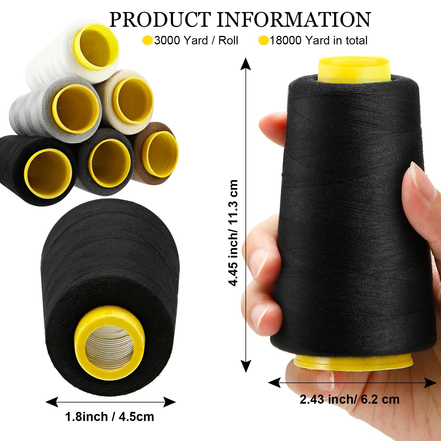 BBTO 6 Rolls 3000 Yard Each Serger Thread Polyester Cones Spool Thread for Sewing Serger Overlock Quilting Sewing Machine (Black, White, Beige, Grey, Dark Grey, Coffee)