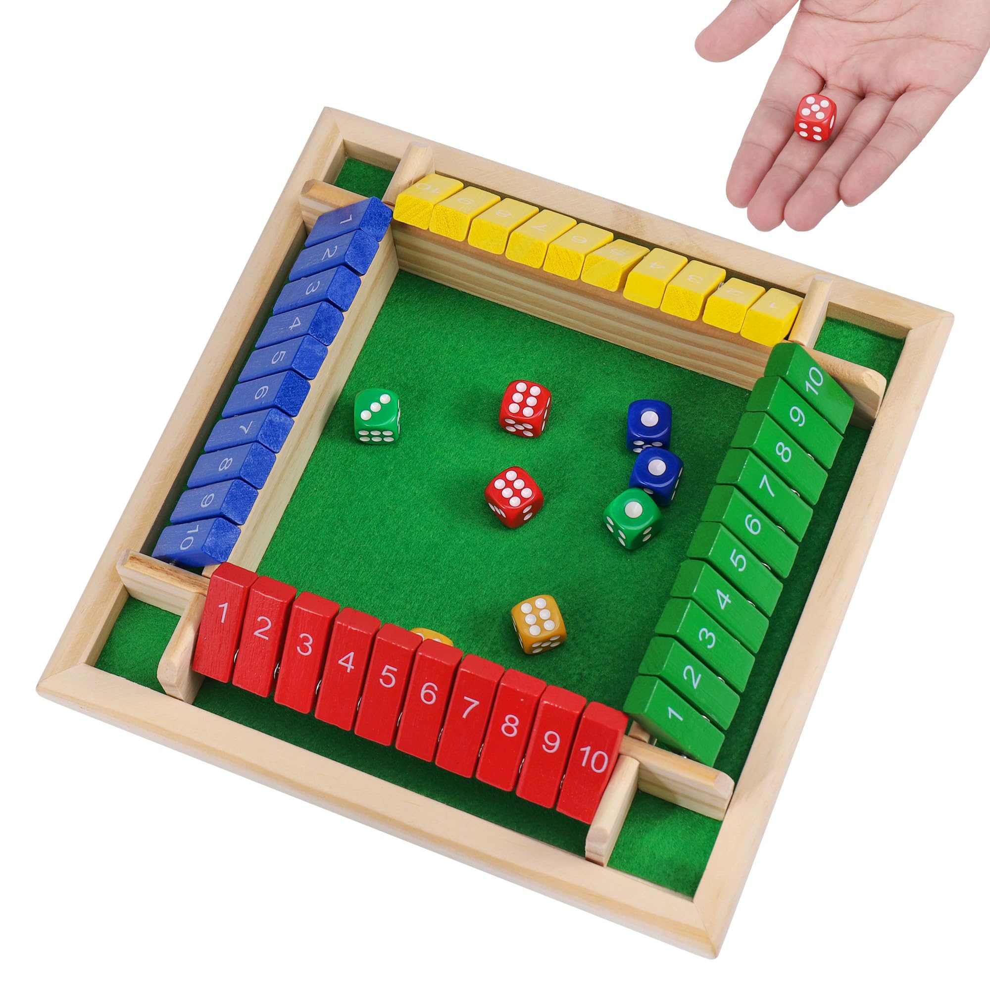 Fentar Shut the Box Game 4 Player, Puzzle Dice Games, Premium Wooden Board Game, Fun Close the Box Game, Colorful Wooden Games with 8 Dices, Educational Table Math, Holiday Games for Family