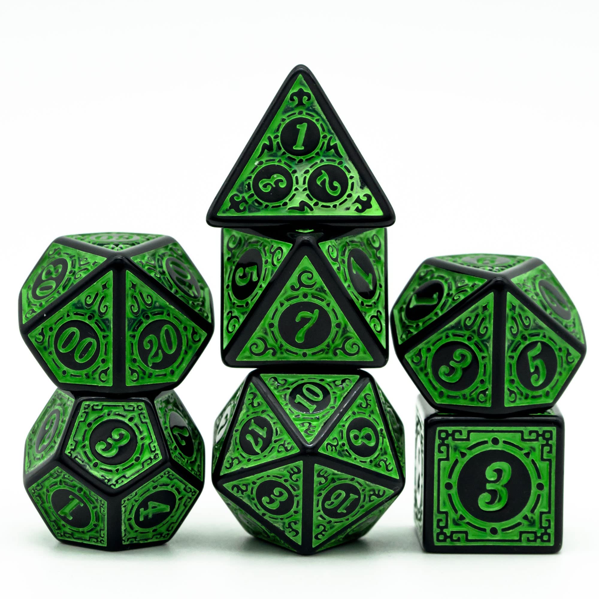 Cusdie 7Pcs/Set DND Dice Set D&D Polyhedral Dice for Dungeons and Dragons TTRPG Role Playing Dice Games RPGs (Green with Black Edge)