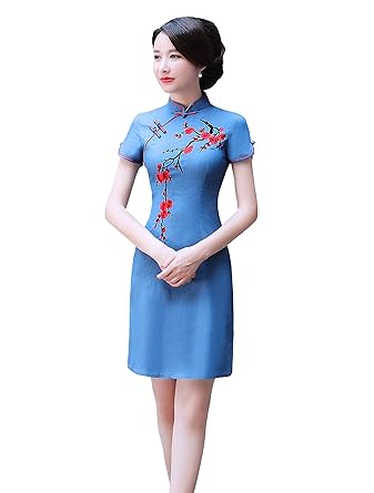 ACVIP Damen Sommer Baumwolle Slim Cheongsam Qipao Kurzes Bedrucktes Chinesisches Kleid