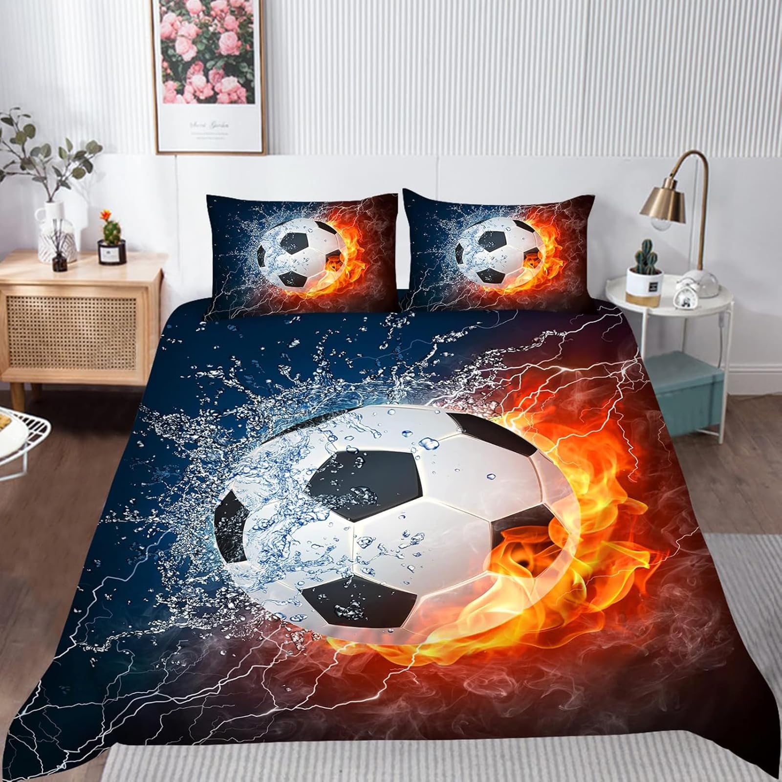 Tabeskly Kids Boys Black White Football Soft Zipper Bed Bedding Duvet Cover Set Double 200×200cm