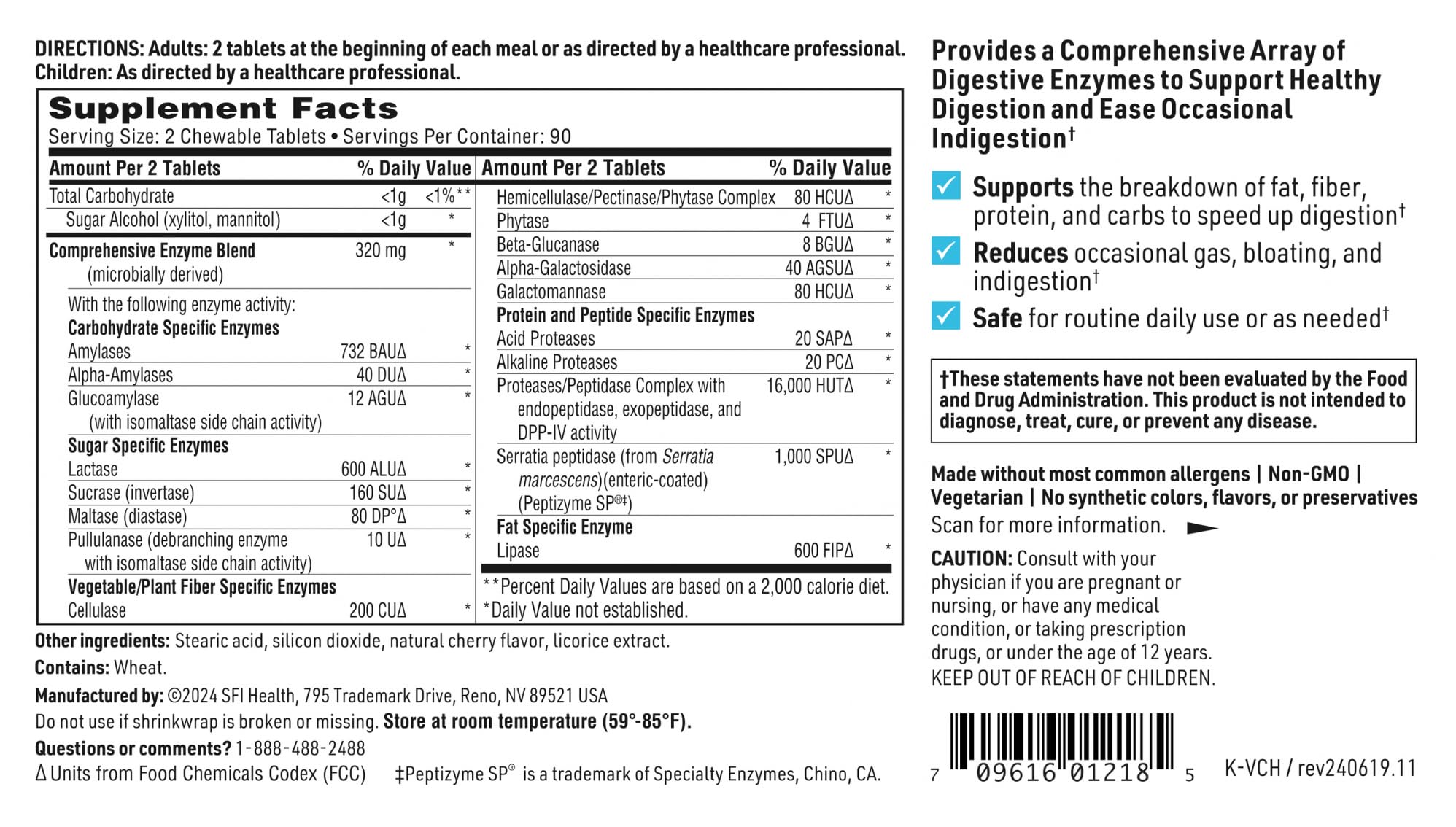 Klaire Labs SFI Health Vital-Zymes Chewable Digestive Enzymes for Adults & Kids - Enzymes for Digestion - Cherry-Flavored - May Help Reduce Occasional Gas, Bloating & Indigestion (180 Chewables)