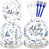 Grencian 96 Pcs Boy Nautical Party Decorations Oh It's A Boy Plates and Napkins Disposable Blue White Tableware Sets for Boys Baby Shower Baby Gender Reveal Birthday Sailing Party Supplies Serves 24