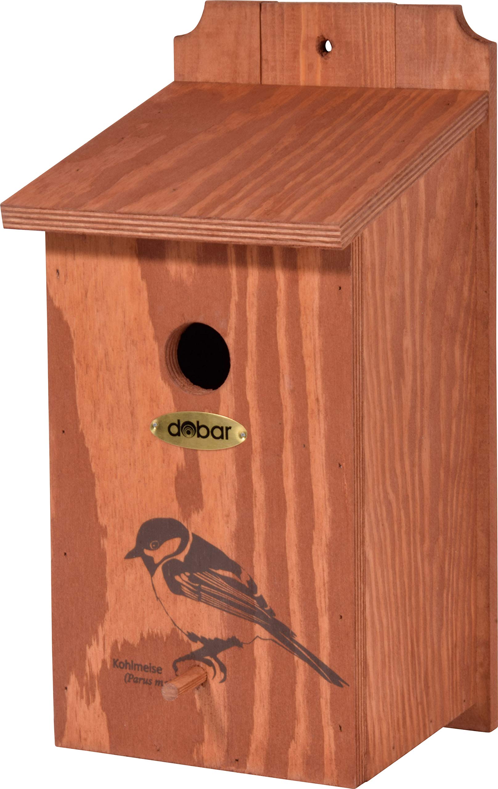 dobar® green label 22365FSCe Nesting Box "Great Tit" - Wooden Tit Box - Nesting Aid for Wild Birds - Weatherproof - Nesting Area with Screen Print "Great Tit" Motif - Diameter 32 mm - 17 x 18 x 35 cm
