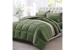 Zzlpp Queen Comforter Set 7 Pieces, Olive Green Bed in a Bag Bedding Set with 1 Comforter, 2 Pillow Shams, 2 Pillowcases, 1 Flat Sheet, 1 Fitted Sheet with Pockets