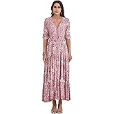 HECCPLI Women Short Sleeve V Neck Floral Print Casual Bohemian Maxi Dresses
