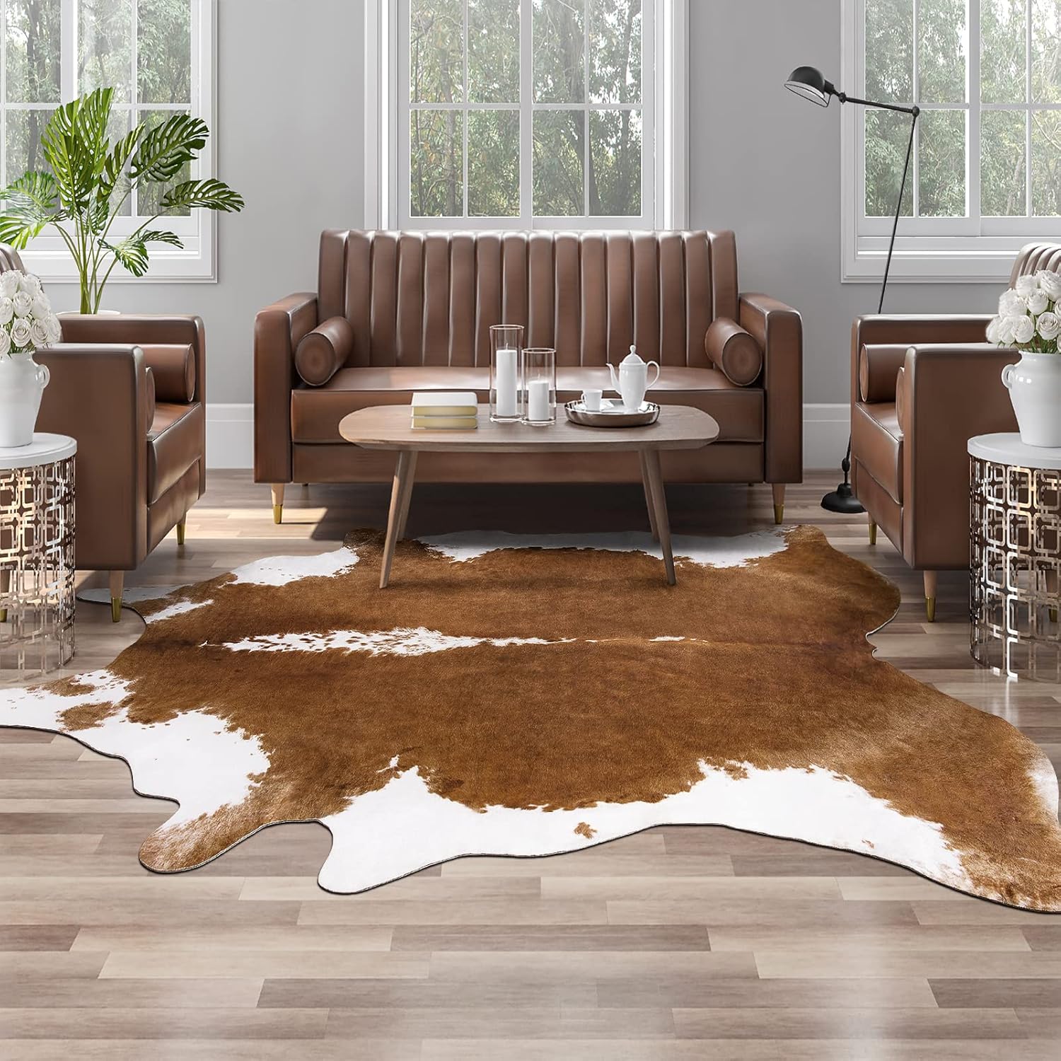 Rugs, Pads & Protectors - AROGAN Premium Faux Cowhide Rug 4.6 x 5.2 Feet, Durable and Large Size Cow Print Rugs, Suitable for Bedroom Living Room Western Decor, Faux Fur Animal Cow Hide Carpet, Brown