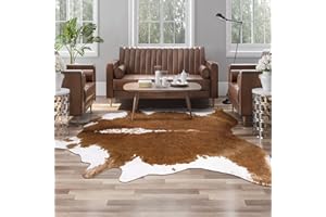 AROGAN Premium Faux Cowhide Rug 4.6 x 5.2 Feet, Sturdy and Large Size Cow Print Rugs, Suitable for Bedroom Living Room Western Decor, Faux Fur Animal Cow Hide Carpet, Brown