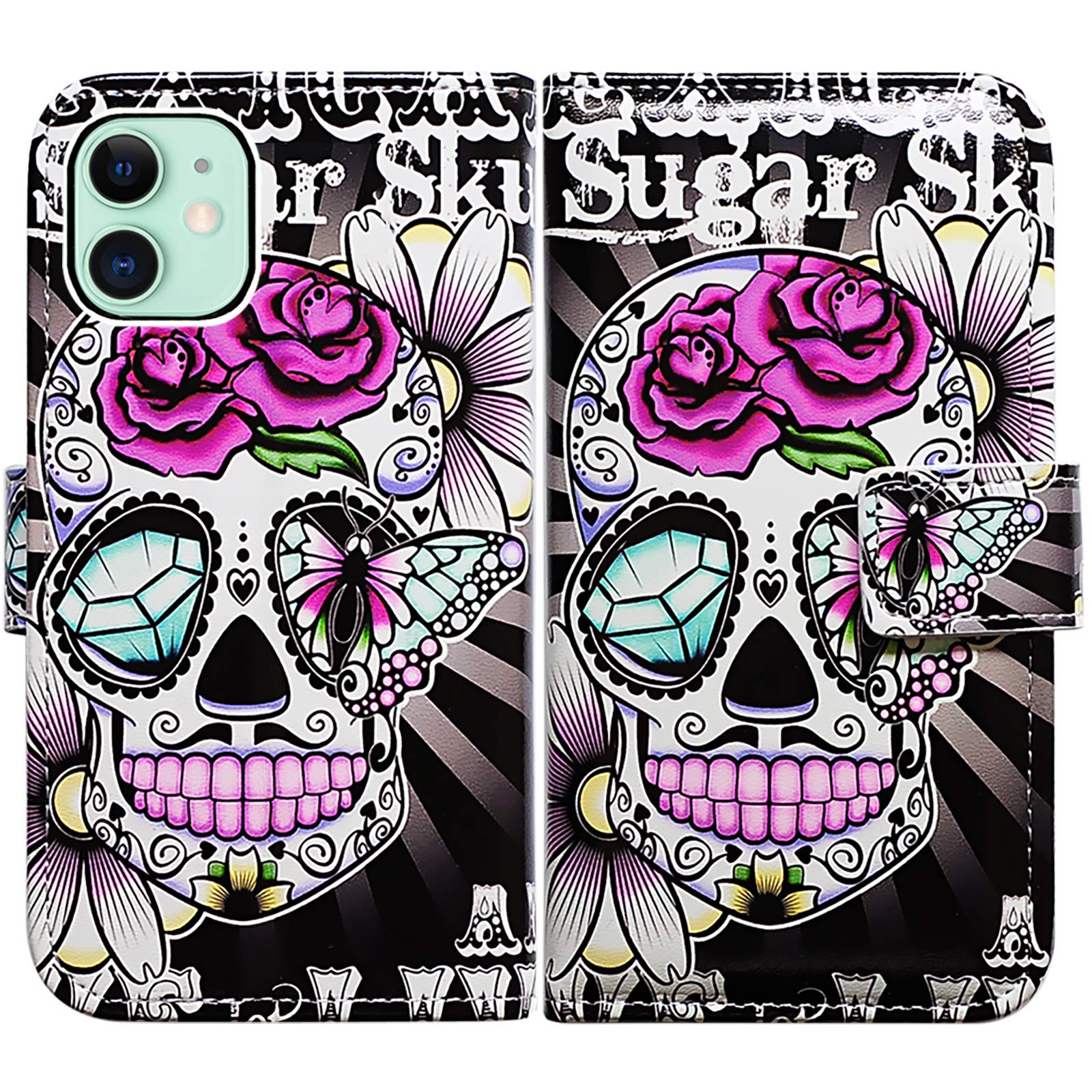 Bcov iPhone 12 Case,iPhone 12 Pro Case, Purple Flower Sugar Skull Leather Flip Phone Case Wallet Cover with Card Slot Holder Kickstand for iPhone 12/iPhone 12 Pro
