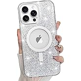 Bonoma for iPhone 15 Pro Max Case Sparkly Glitter Bling Back, Magnetic Support for MagSafe Shockproof, Crystal and Clear High-Duty Protection for Girls Women-Glitter Crystal
