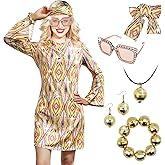 MRYUWB 70s Women Disco Dress Hippie Costumes Necklace Earrings Glasses, 60's 70's Birthday Outfits, 1970s Prom Bling Dress