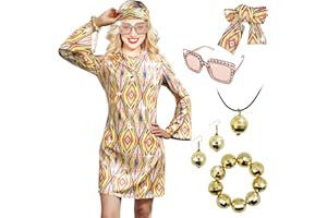 MRYUWB 70s Women Disco Dress Hippie Costumes Necklace Earrings Glasses, 60's 70's Birthday Outfits, 1970s Prom Bling Dress