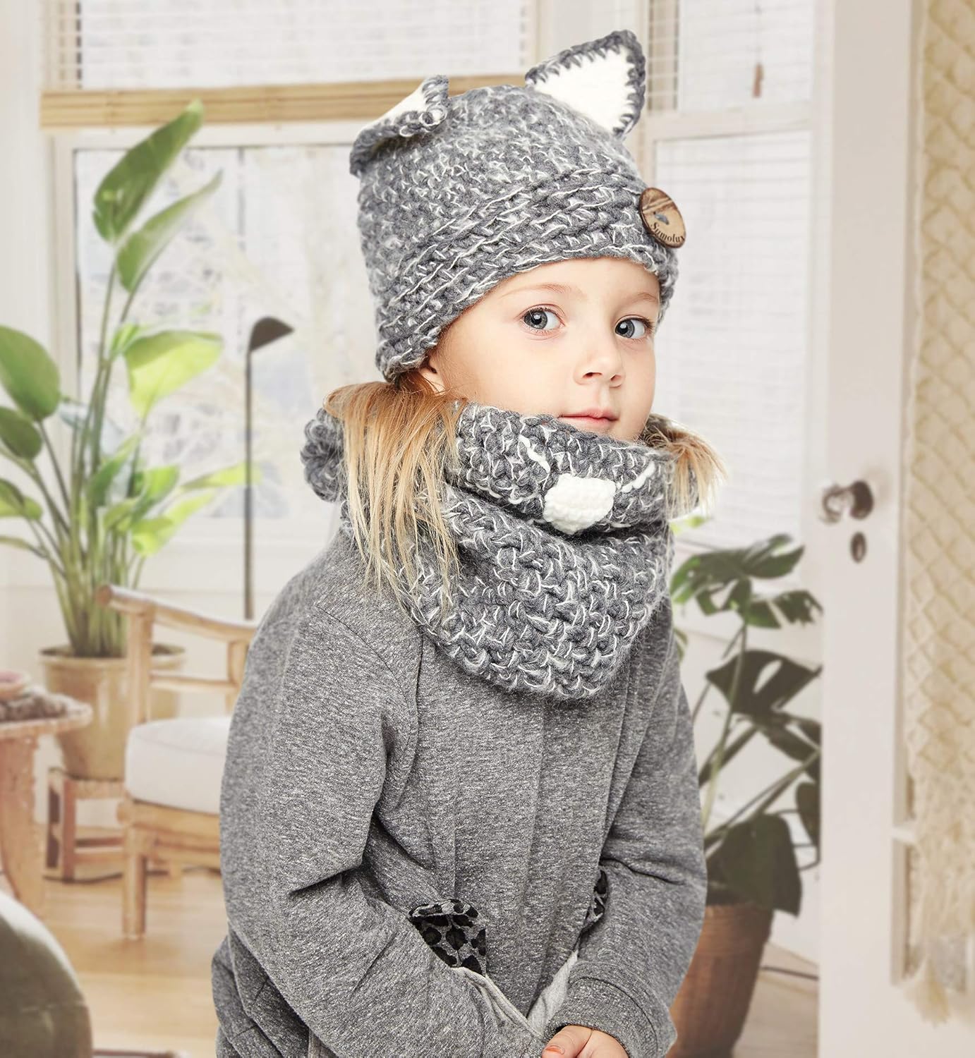 Sumolux Winter Kids Warm Cat Animal Hats Knitted Coif Hood Scarf Beanies for Autumn Winter: Clothing