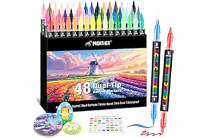 PAGATHER 48 Colors Dual Tip Acrylic Paint Markers, Fine and Brush Tip Acrylic Paint Pens with Automatic Ink Control System for Rock Painting, Canvas, Wood, Glass, Fabric, DIY Crafts Making Art Supplies