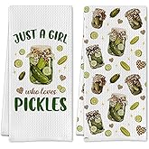 SereneHanctuary Pickle Gifts Kitchen Towels, Gifts for Pickle Lovers Dish Tea Towels, Just a Girl Who Loves Pickles Decorative Hand Towel for Kitchen, 16x24 Inch Set of 2
